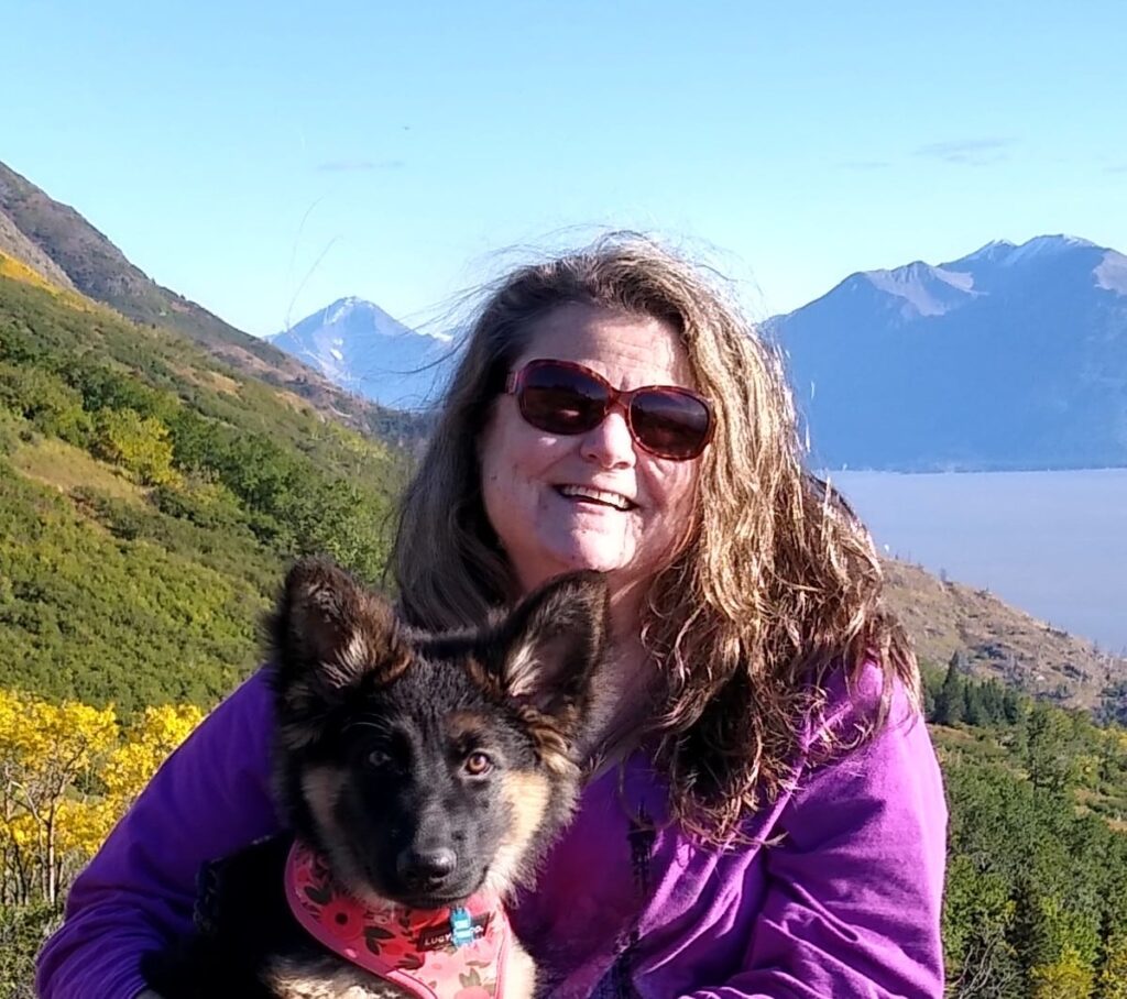 Woman with her dog hiking